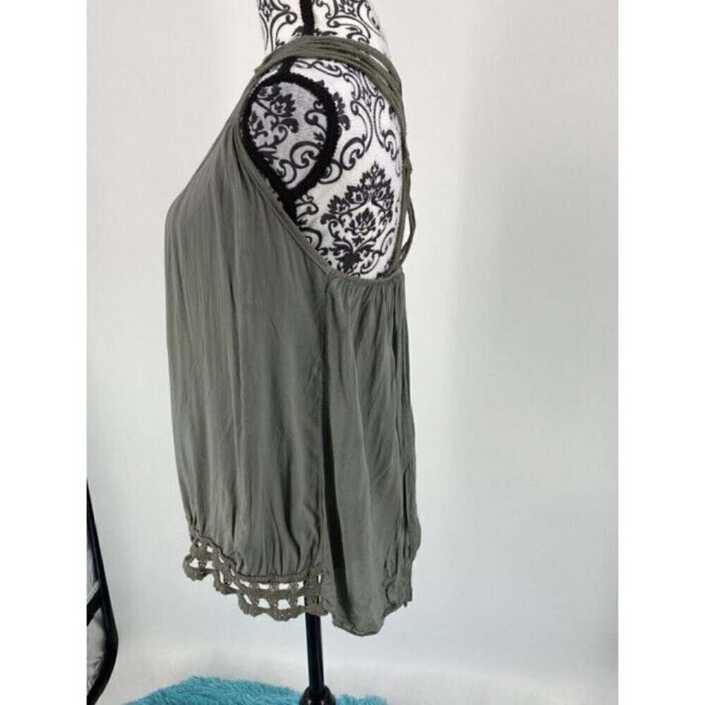 Italian made crochet trim cutout back tank. Olive. Summer Light. One Size - Picture 5 of 7